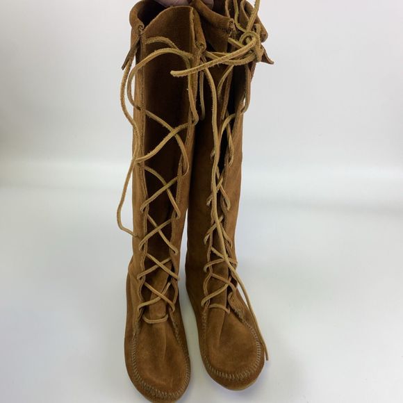 Minnetonka Tan Suede Front Lace Up Tall Boots Tan Fringe Removed 7422 Womens 7 - Picture 9 of 14